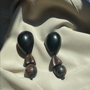 Vintage Monies Gerda Lynggaard Ebony Wood Drop Black Brown Dangle Clip Earrings
